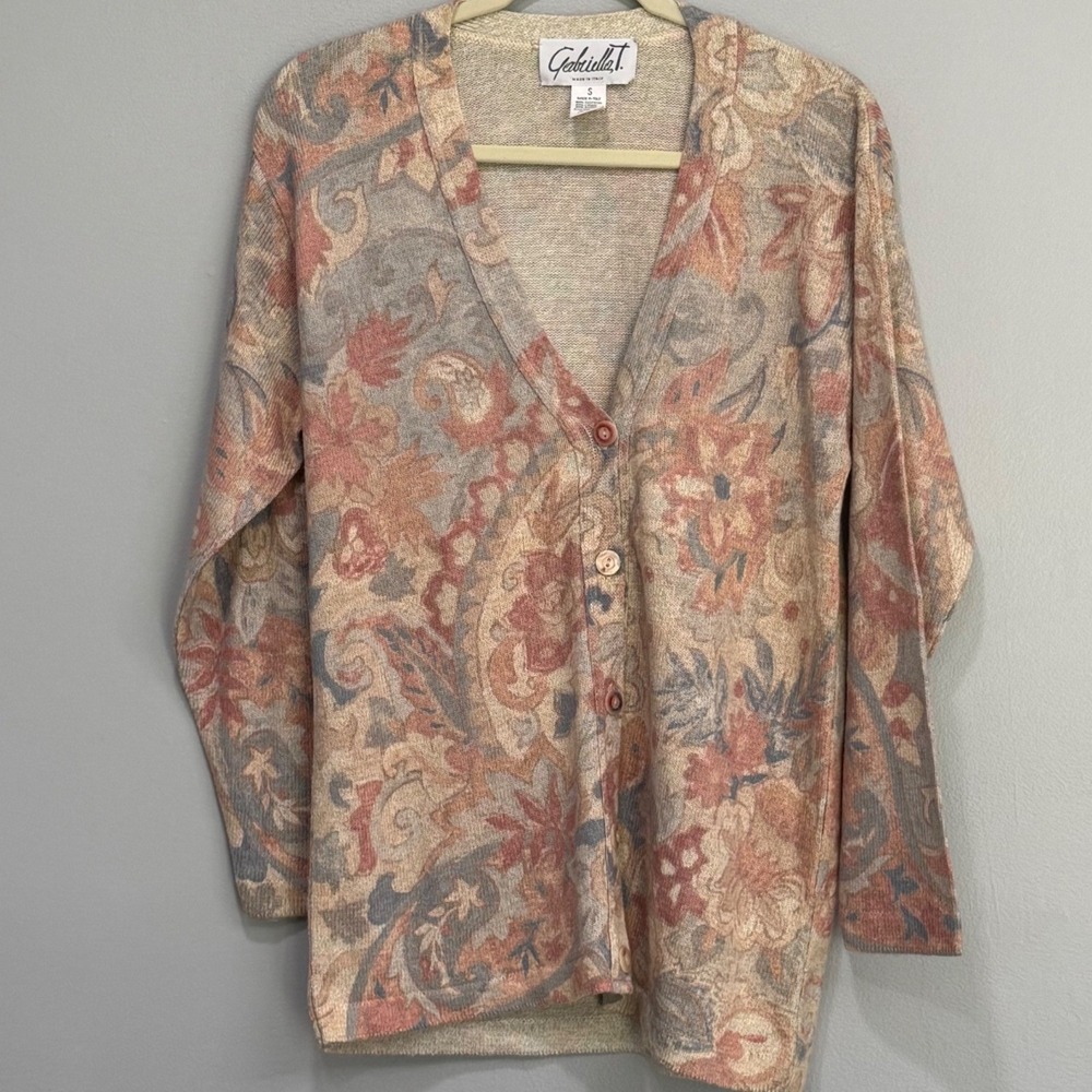 Gabriella T. Italy Floral Paisley Cotton Linen Knit Cardigan Sweater Sm cottage